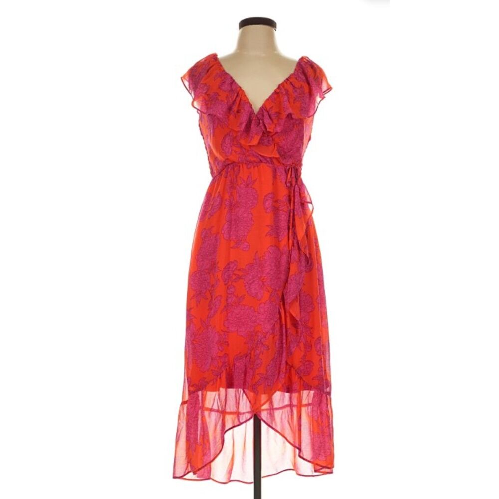 Lily Rose Orange & Pink Floral High/Low Faux Wrap Maxi Dress NWT Size Medium